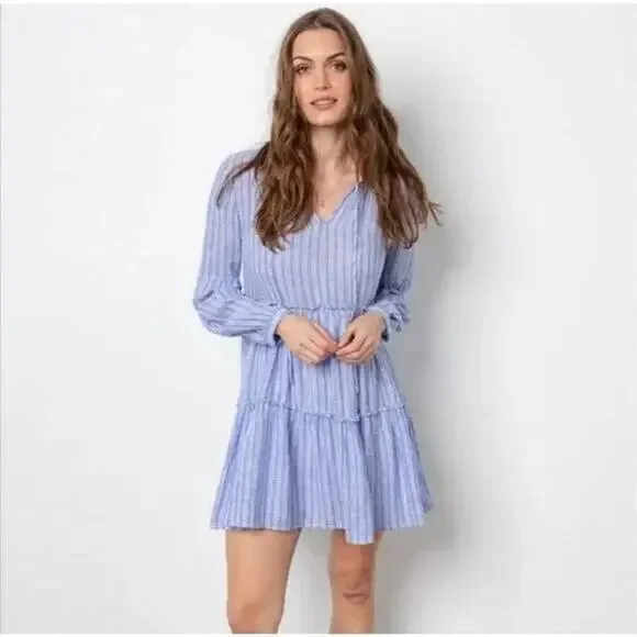 Rails Everly Ludlow Stripe Linen Blend Long Sleeve Mini Dress - Picture 1 of 11
